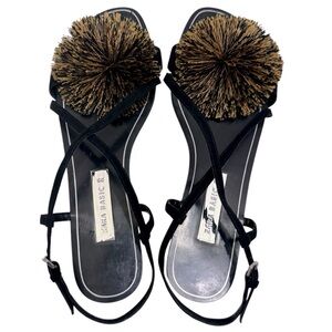 Zara Basic Collection Pom‎ Pom Strappy Flat Sandals Sz 8,
